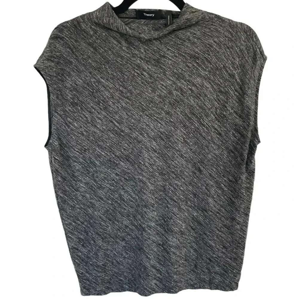 Theory Sleeveless Mock Cowl Neck Top Gray Linen Wool Blend